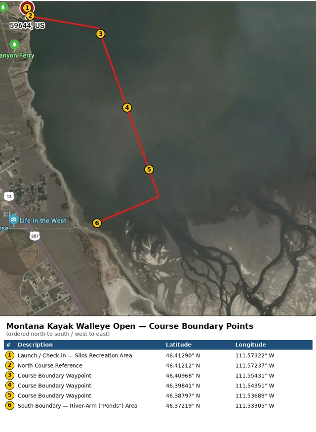 Satellite map of Canyon Ferry Reservoir showing the Montana Kayak Walleye Open course boundary, running from the Silos Recreation Area launch site south to the river-arm ponds area, with a table of the six numbered boundary points and their coordinates.