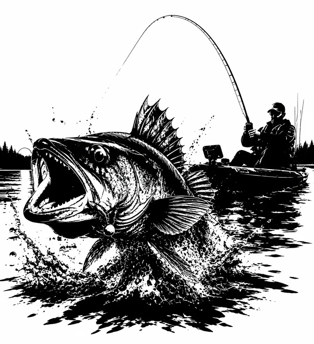 Kayak angler fighting a walleye, line art illustration